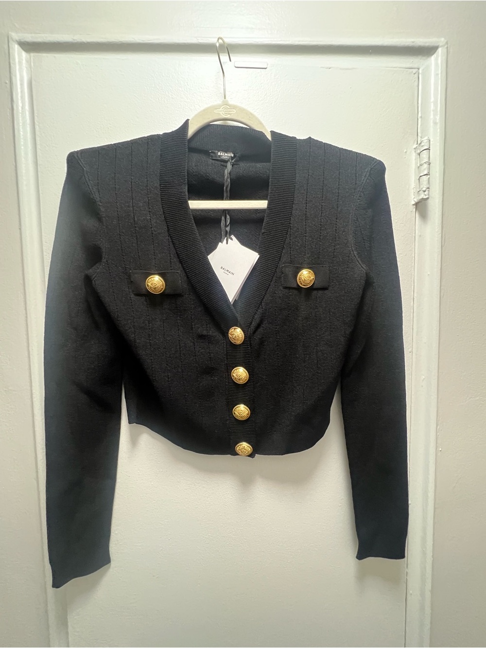 Balmain Cropped Ribbed V-Neck Cardigan with Gold Buttons
